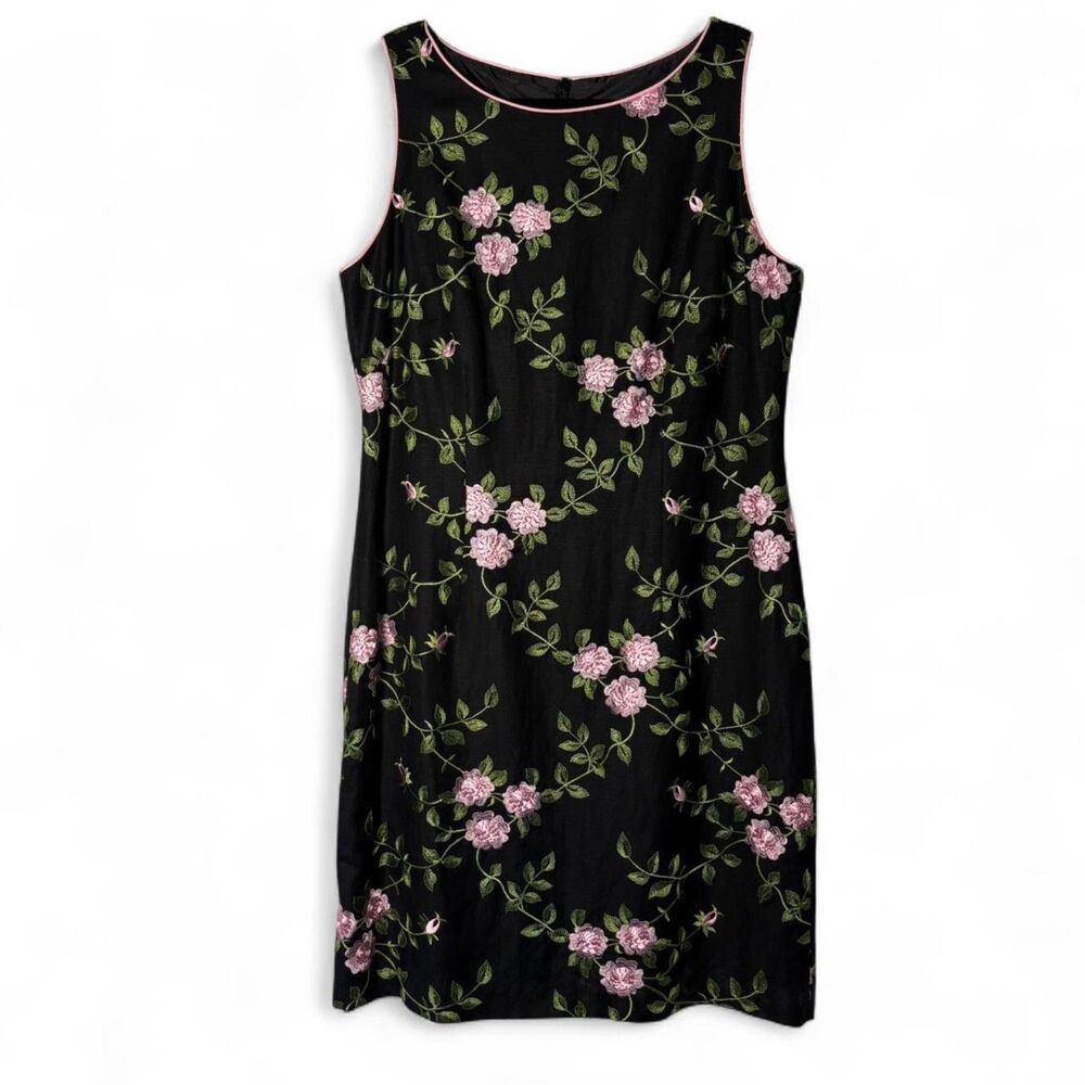VTG Jessica Howard Embroidered Pink Roses Linen Blend Black Cocktail Dress Sz 14